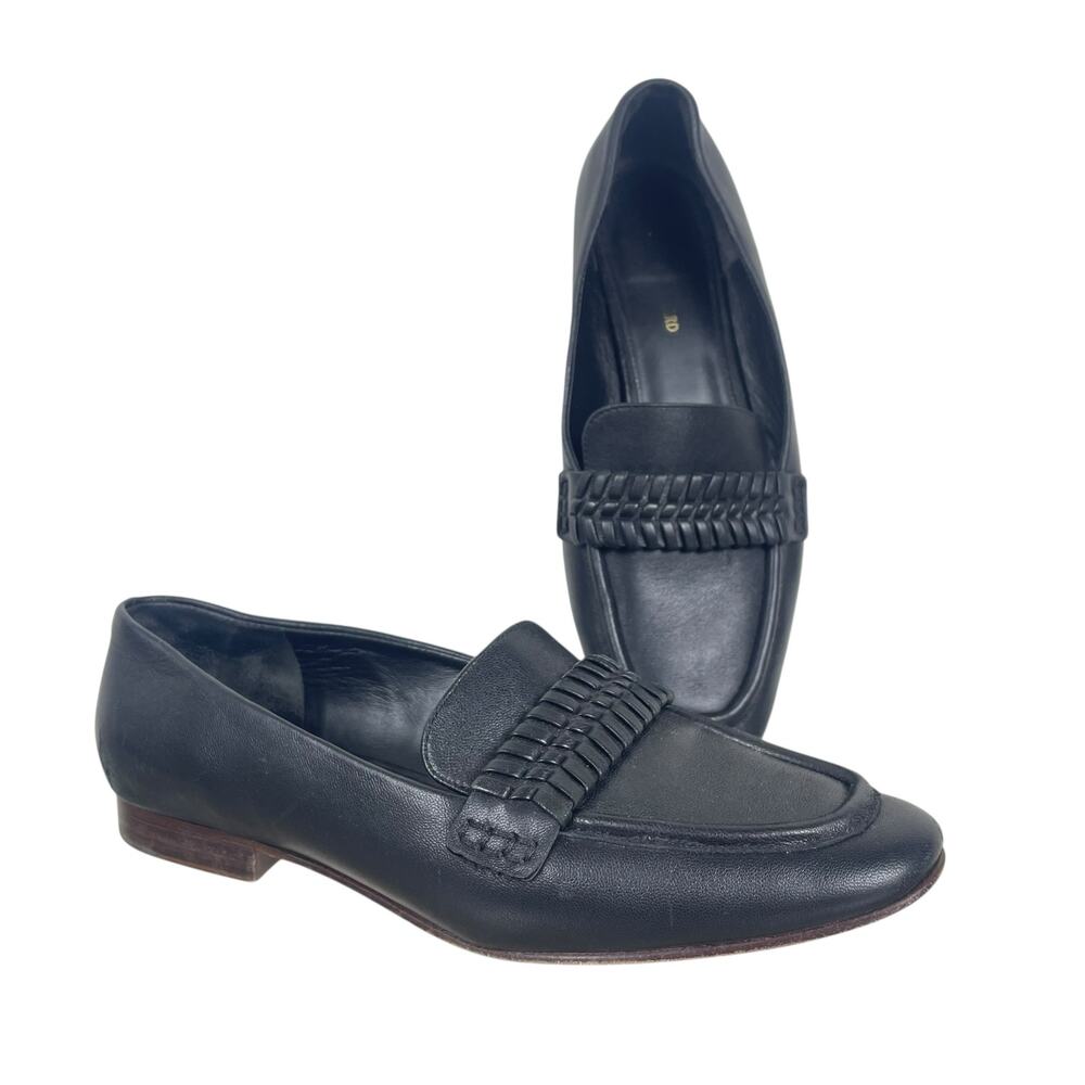 Veronica Beard Black Leather Braided Penny Loafers
